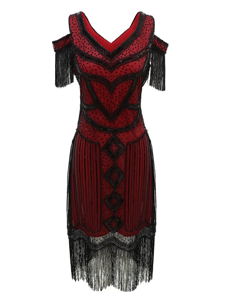 Women Fringe 1920s Flapper Dress 20s Gatsby Themed Party Dress Vintage V-neck Off Shoulder Sequin Beaded Cocktail Dress