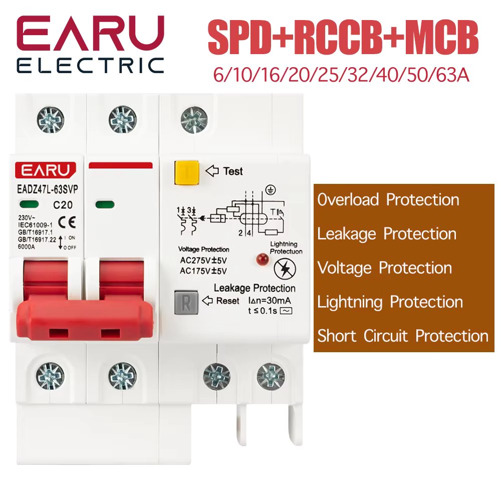 230V 2P SPD Residual Current Circuit Breaker With Overload Overvoltage RCBO RCCB With Lightning Protection MCB Leakage Protector
