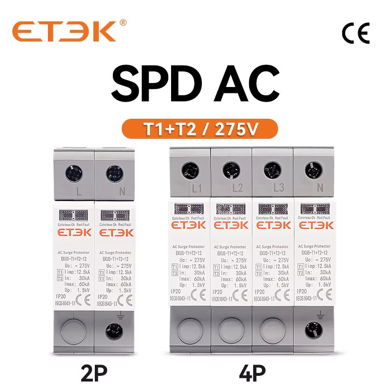 ETEK SPD AC House Surge Protective Device 275V Protector Arrester Protection Type T1+T2 2P 4P 20KA~40KA 1P+N 3P+N  EKU5