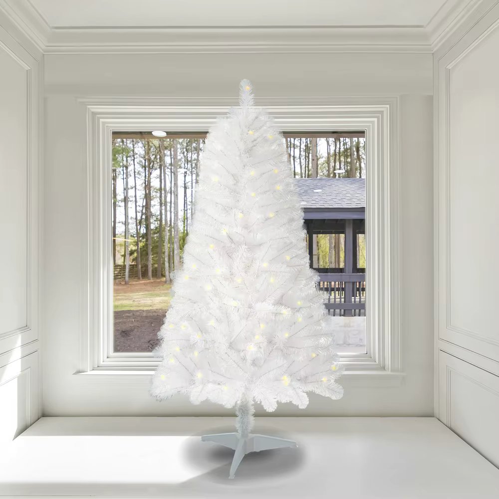 4ft Artificial Christmas Tree Prelit with Stand100 Warm White Led Lights Realistic 241 Branch Tips PVC White Norwood Spruce Tree