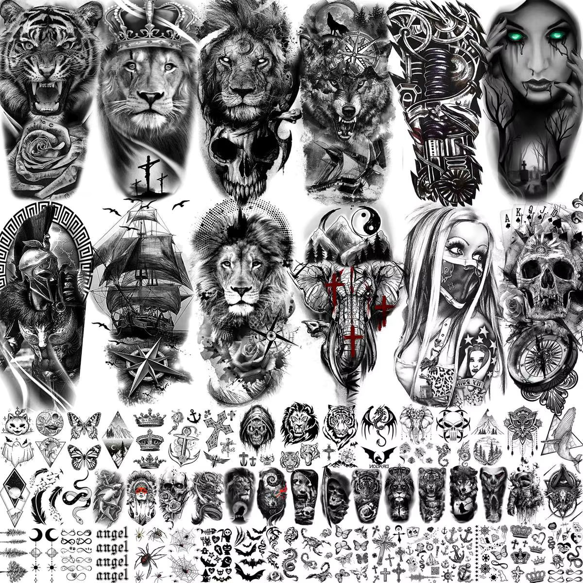 63 Sheets Tribal Wolf Lion Tiger Temporary Tattoos For Men Women Thigh Arm Fake Tattoo Sticker 3D Skull Gangster Tatoos Black