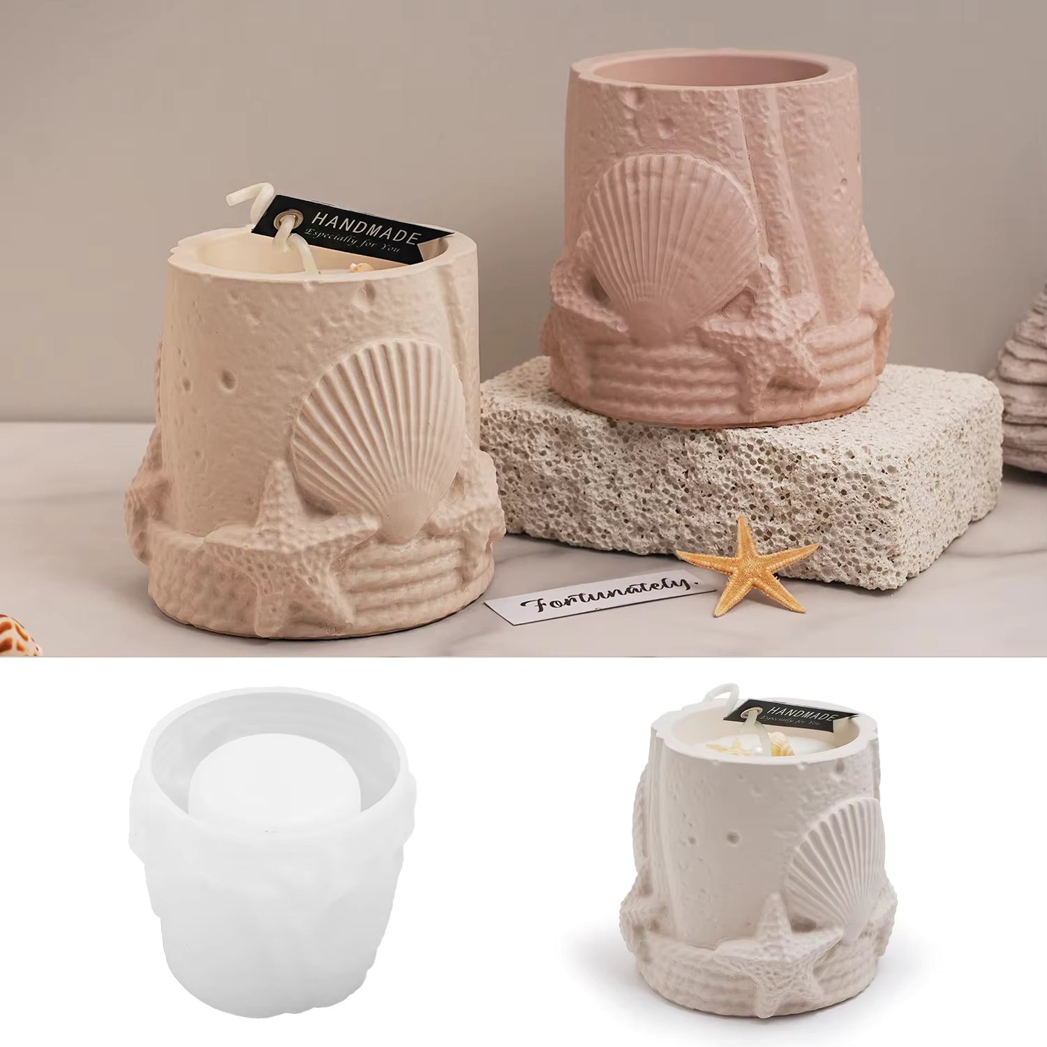 Ocean Series Cylindrical Candle Jar Silicone Mold DIY Embossed Shell Starfish Storage Jar Gypsum Concrete Resin Mold Home Decor