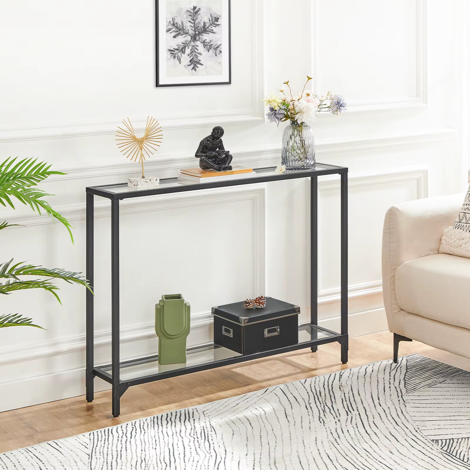 HOOBRO Console Table Tempered Glass Sofa Table Modern Entryway Table Narrow Couch Table Black Metal Frame for Foyer Living Room