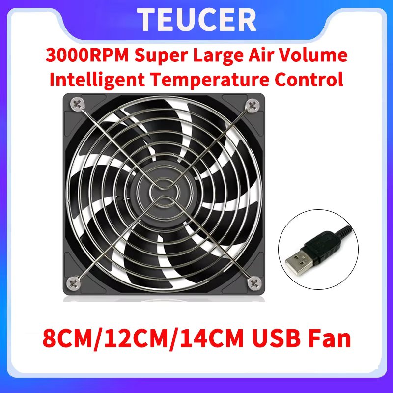 Teucer 8CM/12CM/14CM USB Fan 3000RPM Super Large Air Volume Intelligent Temperature Control PC Fan With Dust Proof Net
