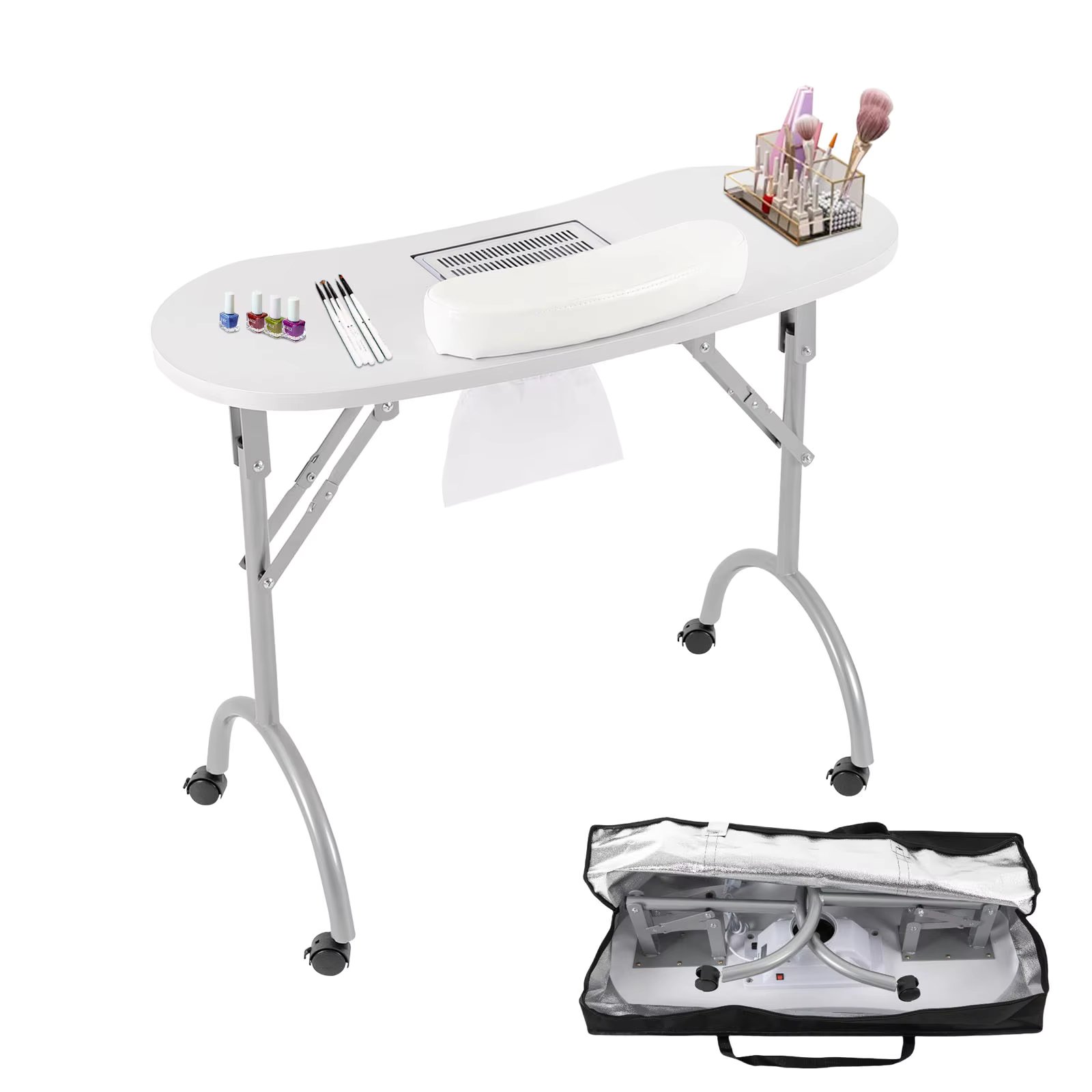 White Manicure Table, Nail Desk, Foldable, Portable, with Carry Bag