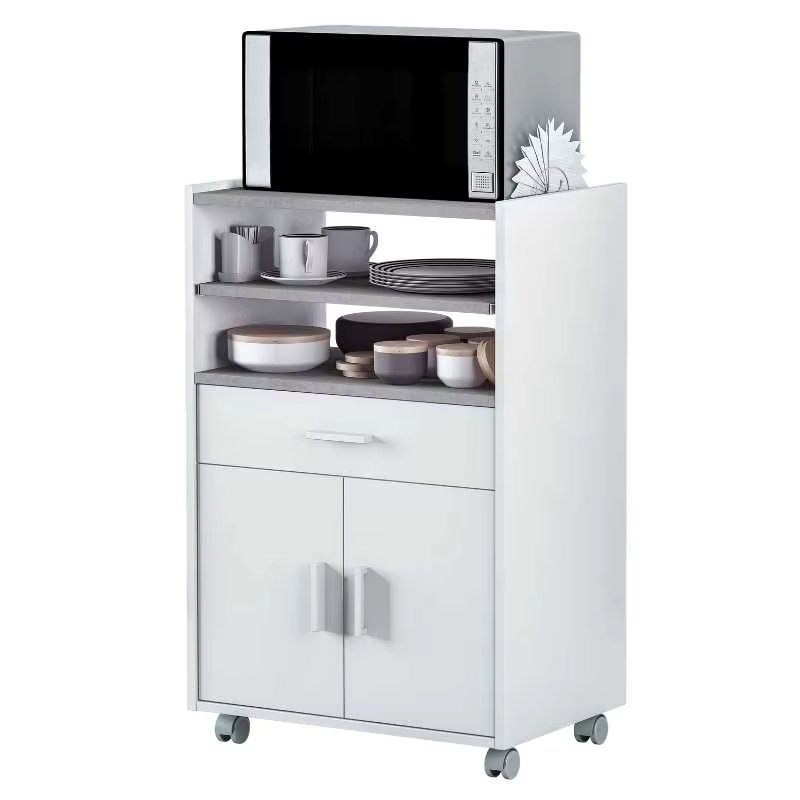 Microwave cabinet, kitchen cabinet with a drawer and two doors, white and cement color, white handles. Measures: 92x59x40 cm