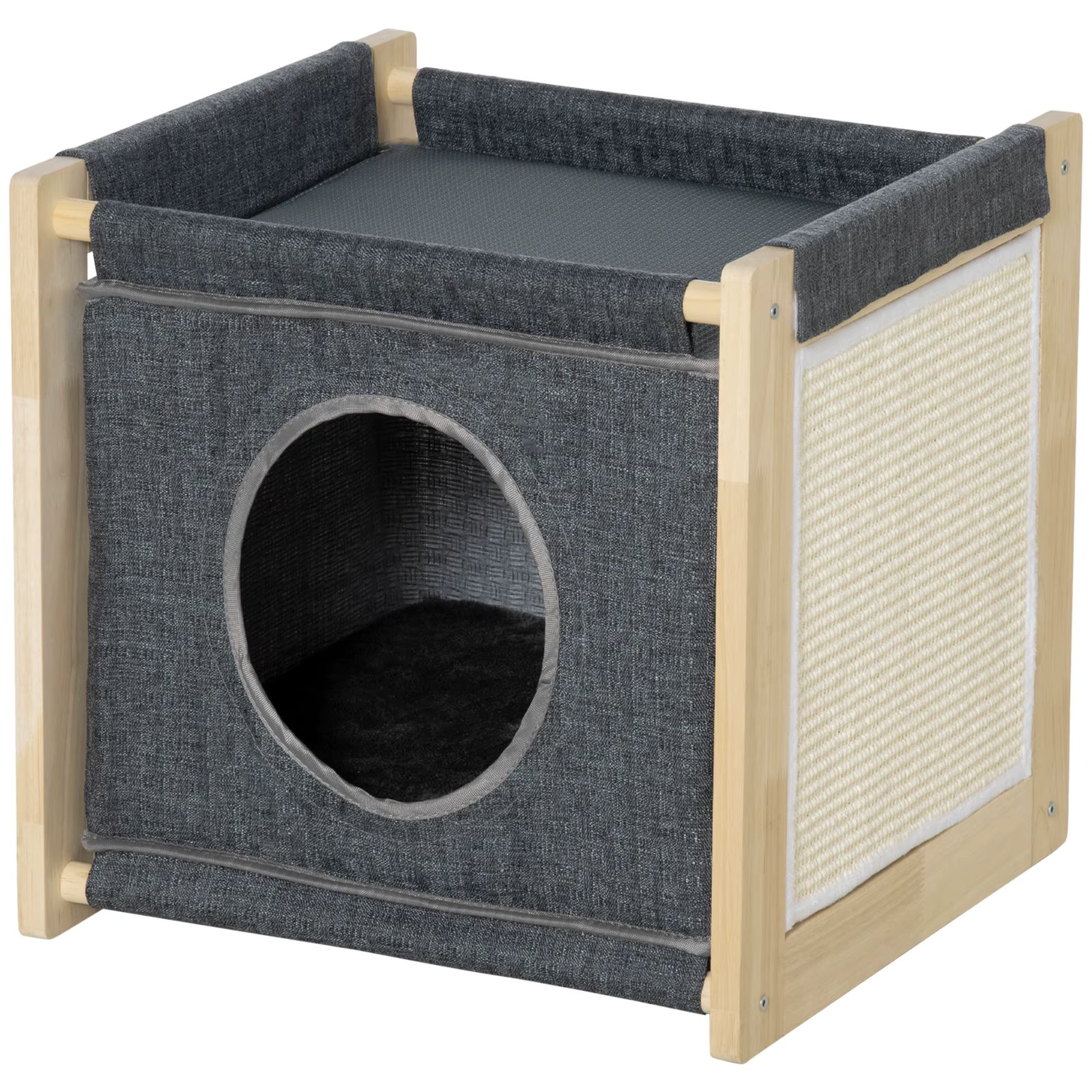 PawHut cat cave bed indoor cat house with removable cushion and washable Sisal scraper and wooden frame 40x40x40,5 cm Gray