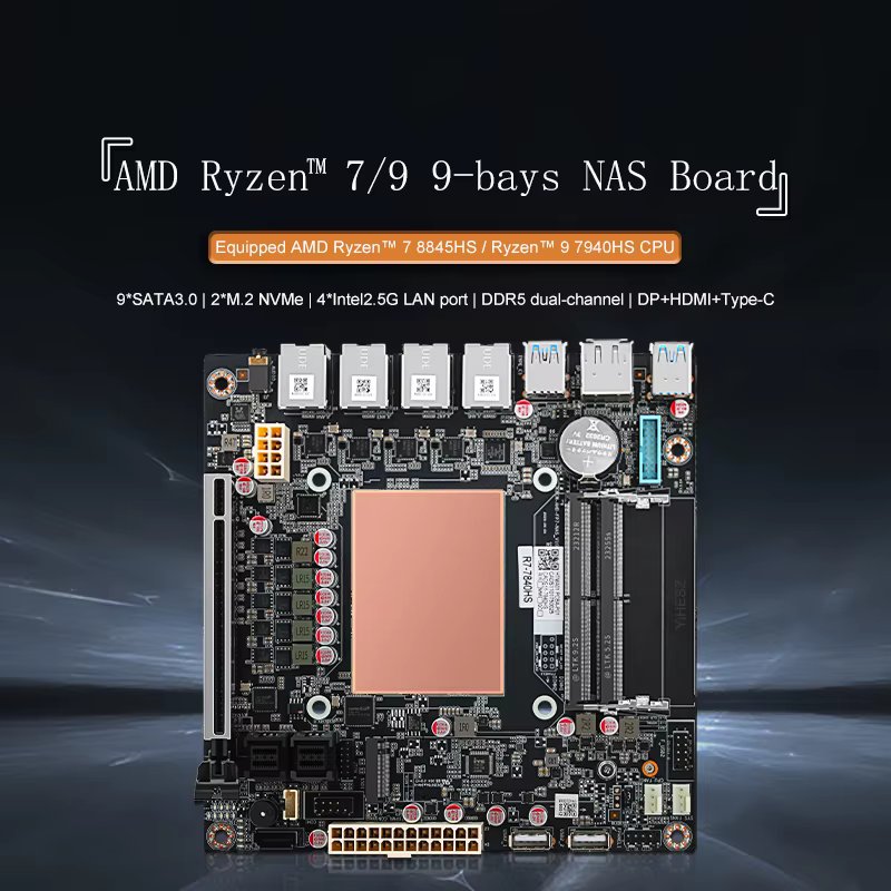 AMD Ryzen 7 8845HS 9 SATA3.0 NAS Board ASM1166 Chip 4*i226 2.5G 2*M.2Nvme PClE 16X 2*DDR5 Tpye-C HDMI DP 17X17 Mini ITX Board