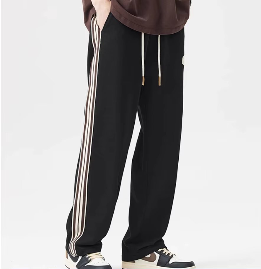 American fashion sweatpants men's summer heavy side striped printed pants gray loose straight leg track pants