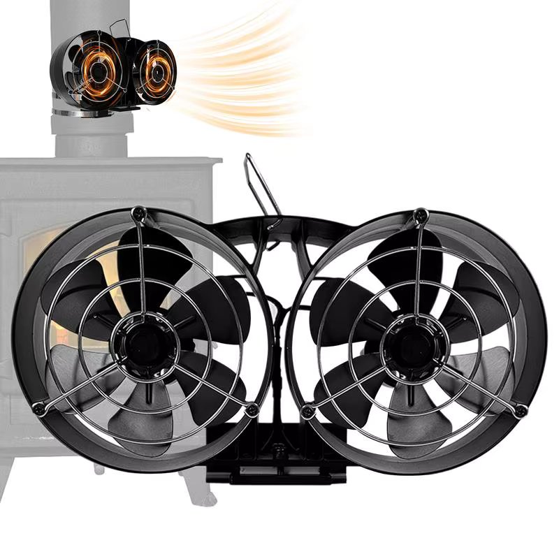 Non-Powered Stove Fan Home Double Headed 12 Blades Black Fireplace Fan Log Wood Burner Eco-fan Quiet Efficient Heat Distribution