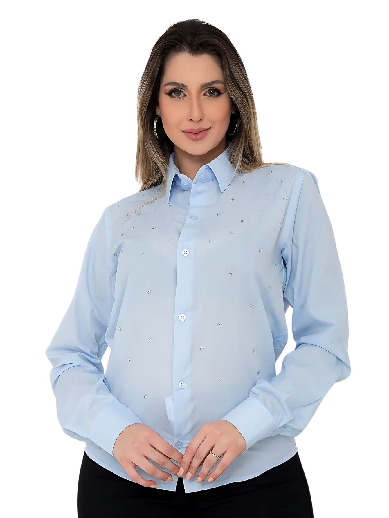 Women's Long Sleeve Slim Blue Baby Rhinestone Long Sleeve Elegant Chic No Pocket Shining