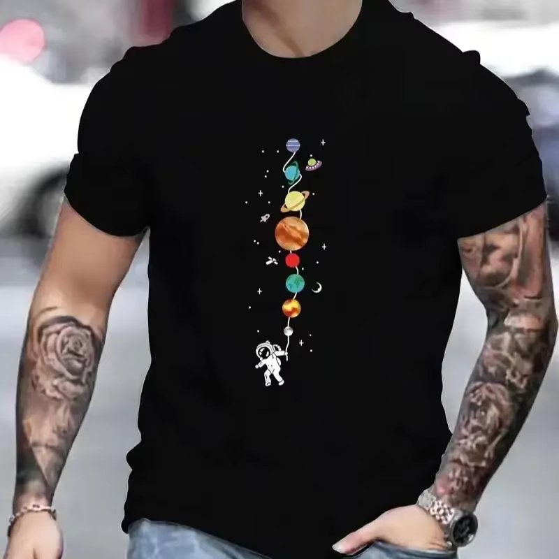 Men's Casual Sports Loose T-Shirts Solar System Planet Astronaut Graphic Round Neck Short Sleeve Tees Top Summer Clothes  Model