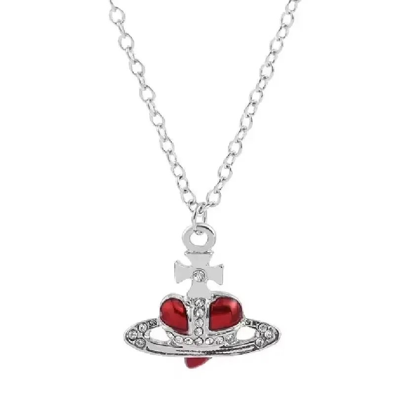 1 Pc Vintage Saturn Inlaid with Diamonds Pendant Necklace for Woman Colored Drip Oil Heart Love Ladies Necklace Fashion Jewelry