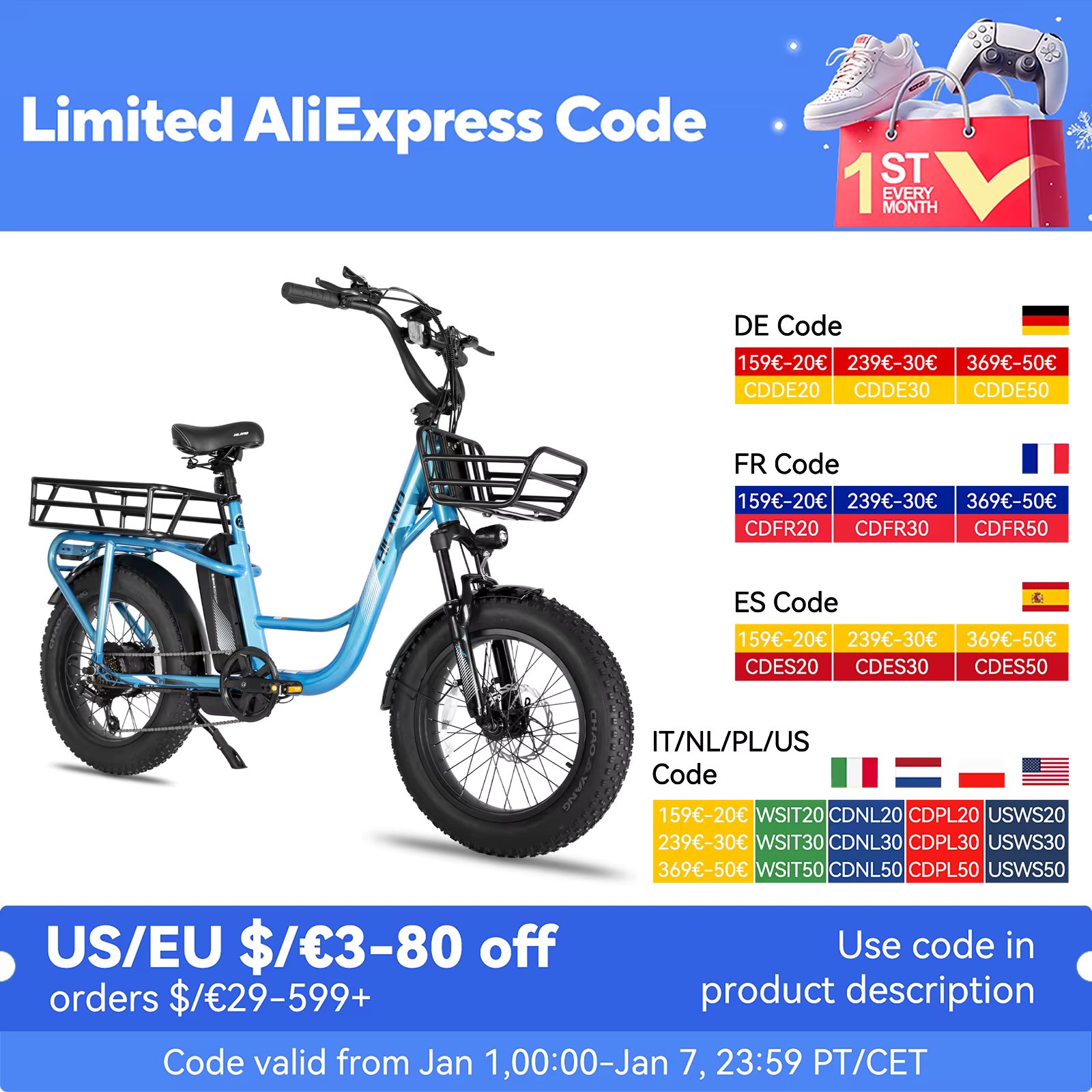HILAND 20 Zoll Fat Tire Cargo E-Bike, 36V 15AH abnehmbare Batterie Elektrofahrrad, 7 Gänge, Leichter Aluminiumrahmen  Federgabel