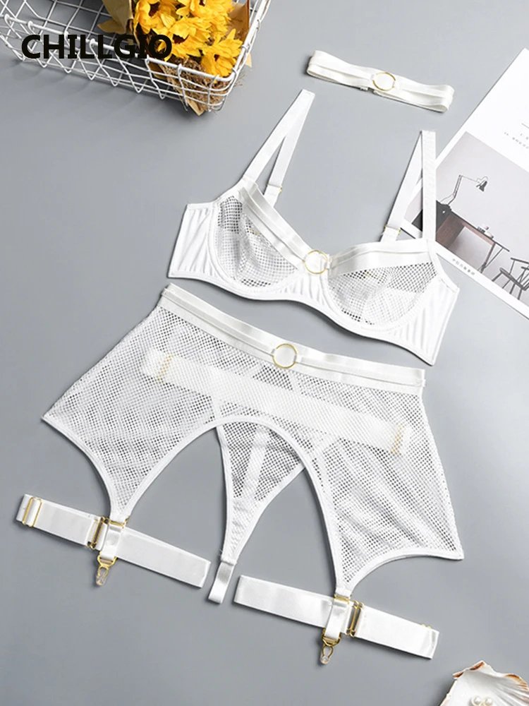 CHILLGIO Women Mesh Sexy Hollow Bra Brief Suits Push Up Erotic Intimate Underwear Fashion 4 Piece Solid Transparent Lingerie Set