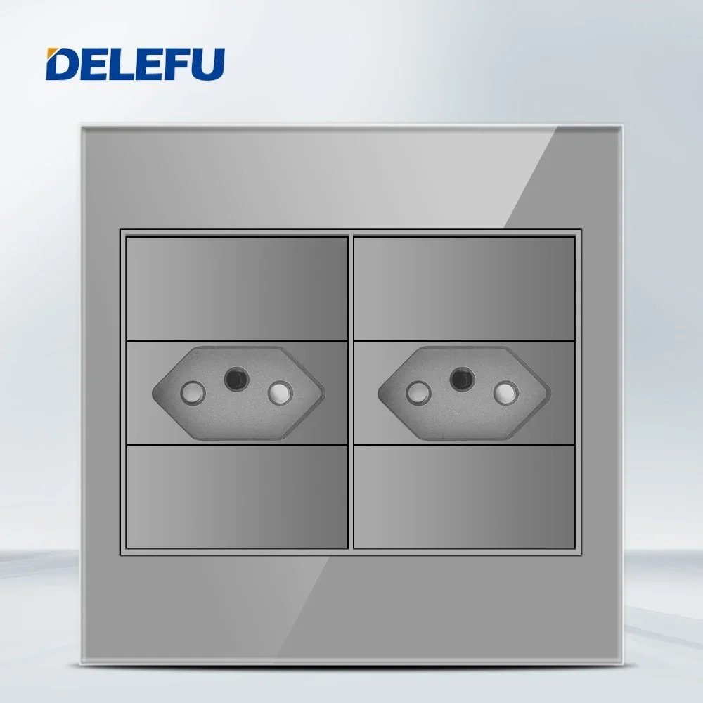 DELEFU 4x4 Fireproof Glass Panel Brazil Standard Outlet Double USB Type C Wall Power Socket Light Switch Office Grey 10A 20A