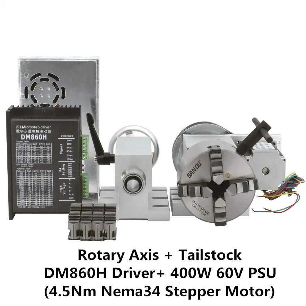 HLTNC 4th A Axis Rotary 65mm 4 Jaw Chuck + MT2 Tailstock Nema34 Closed Loop Stepper Driver Motor for CNC Router Engraver Machine