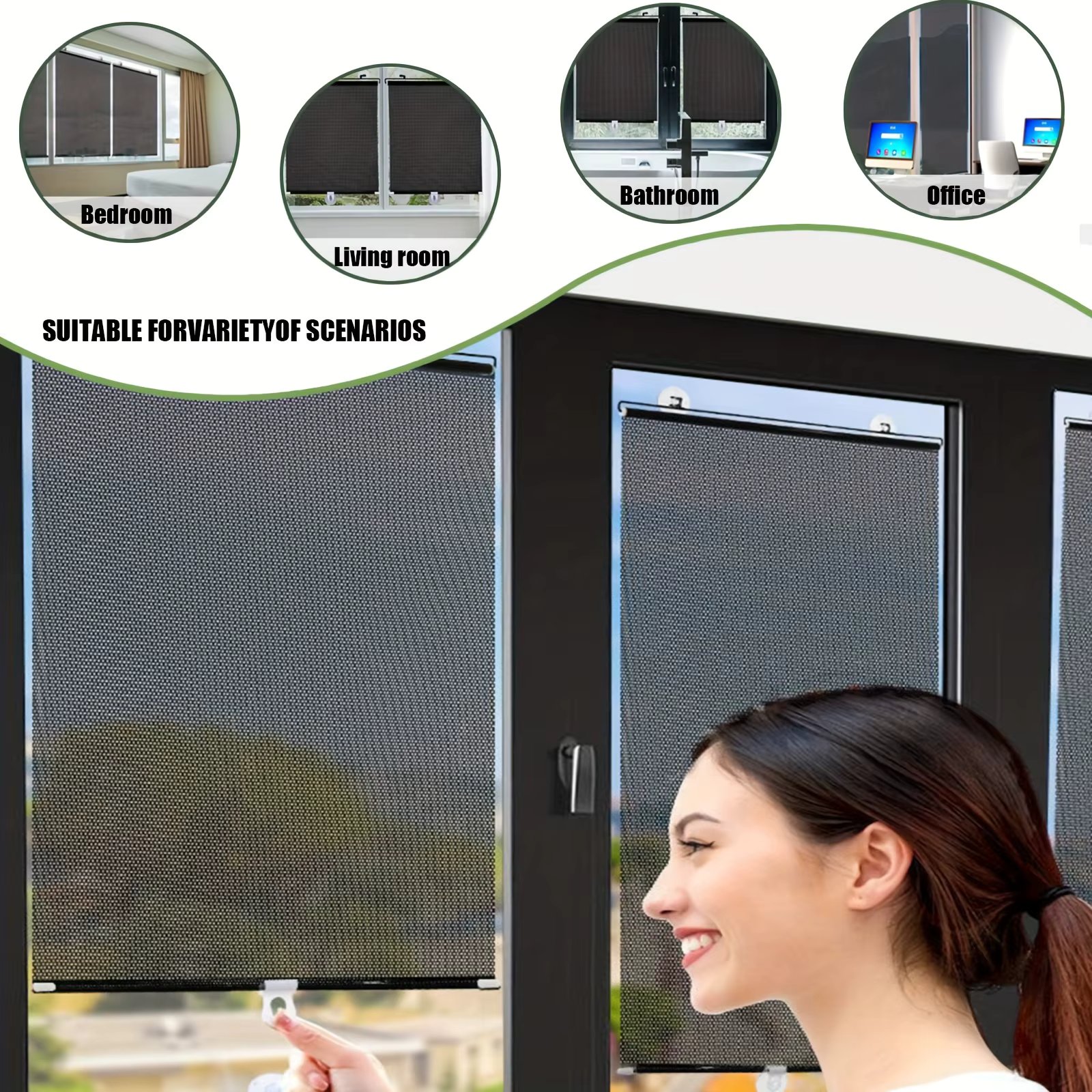 Non-perforated shading louvers with 3 suction cups, black 80% shading temporary portable roller curtains for  office vehicles.