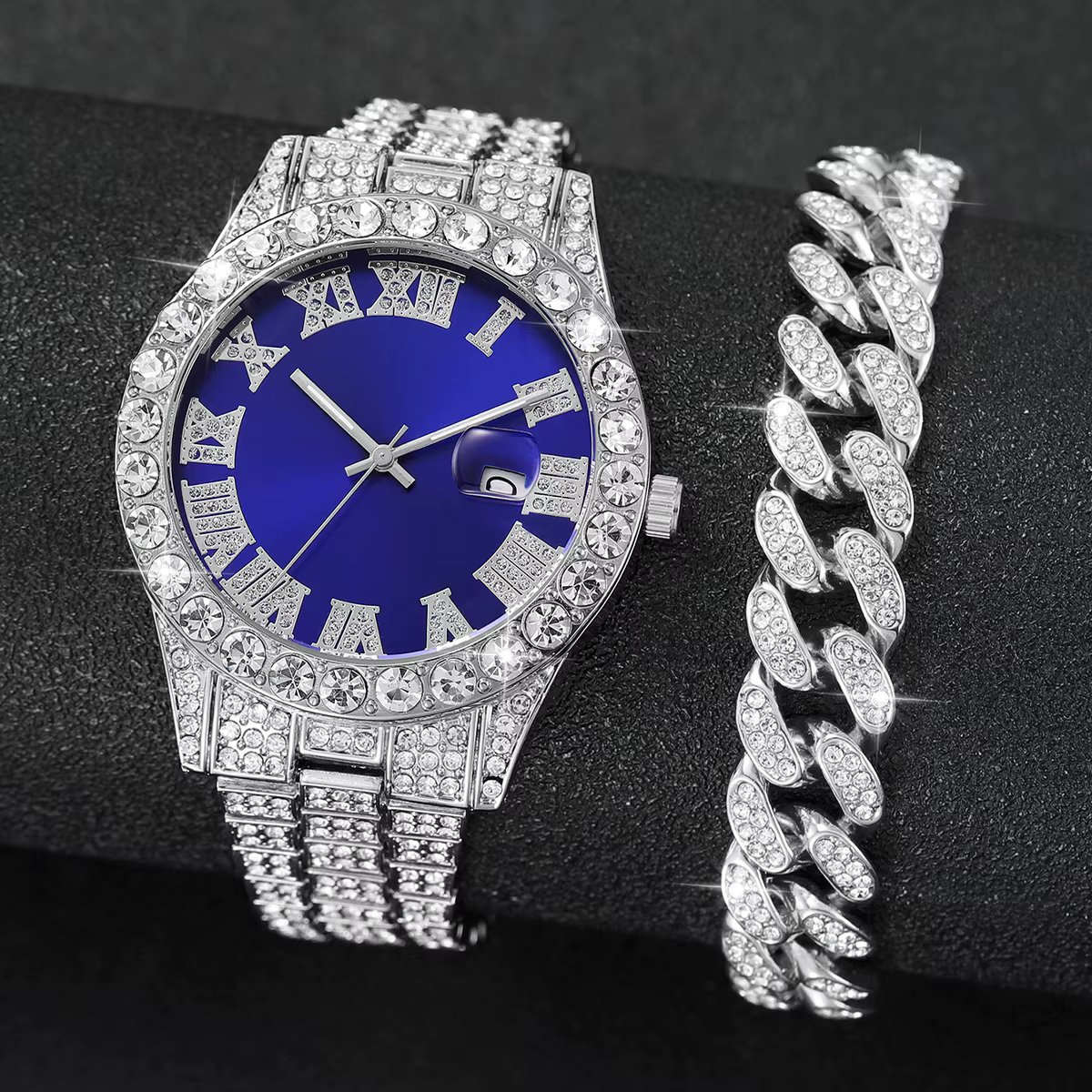 2PCS/Set Hip Hop Men's Watch Fashion Diamond Stainless Steel Band Male Quartz Watches Gift Boyfriend