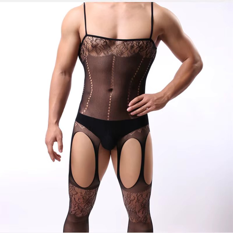 Fetish Men Gay Crossdress Wear Open Crotch Bodystocking Sexy Male Lingerie Porno Sex Transparent Sleepwear Fishnet Body Stocking