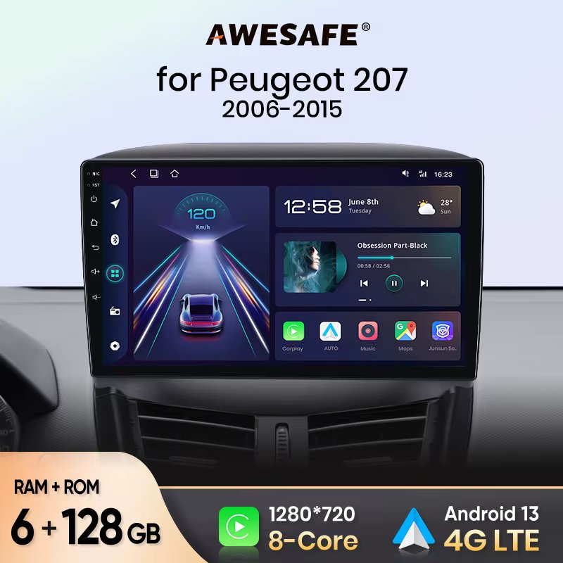 AWESAFE Wireless CarPlay Android Auto Autoradio For Peugeot 207 207CC 2006 2007 2008 2009 2010 2011 2012-2015  GPS RDS DSP