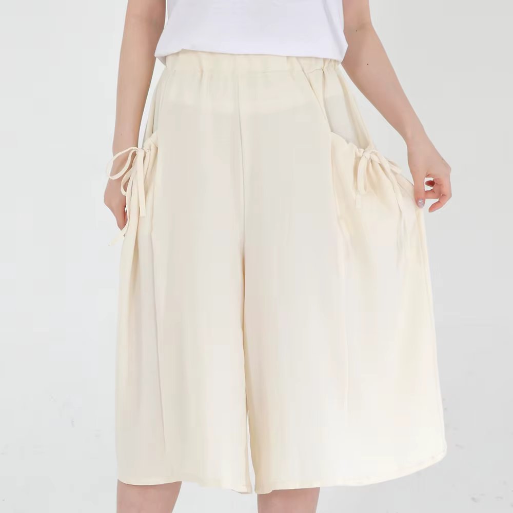 AONE Women's Rayon Wide-Leg Pants with Pockets, 3/4 Length Swing Pants, Multi-Purpose High-Rise Trousers, Loose Cropped Chiffon Pants, Wide-Leg Trousers