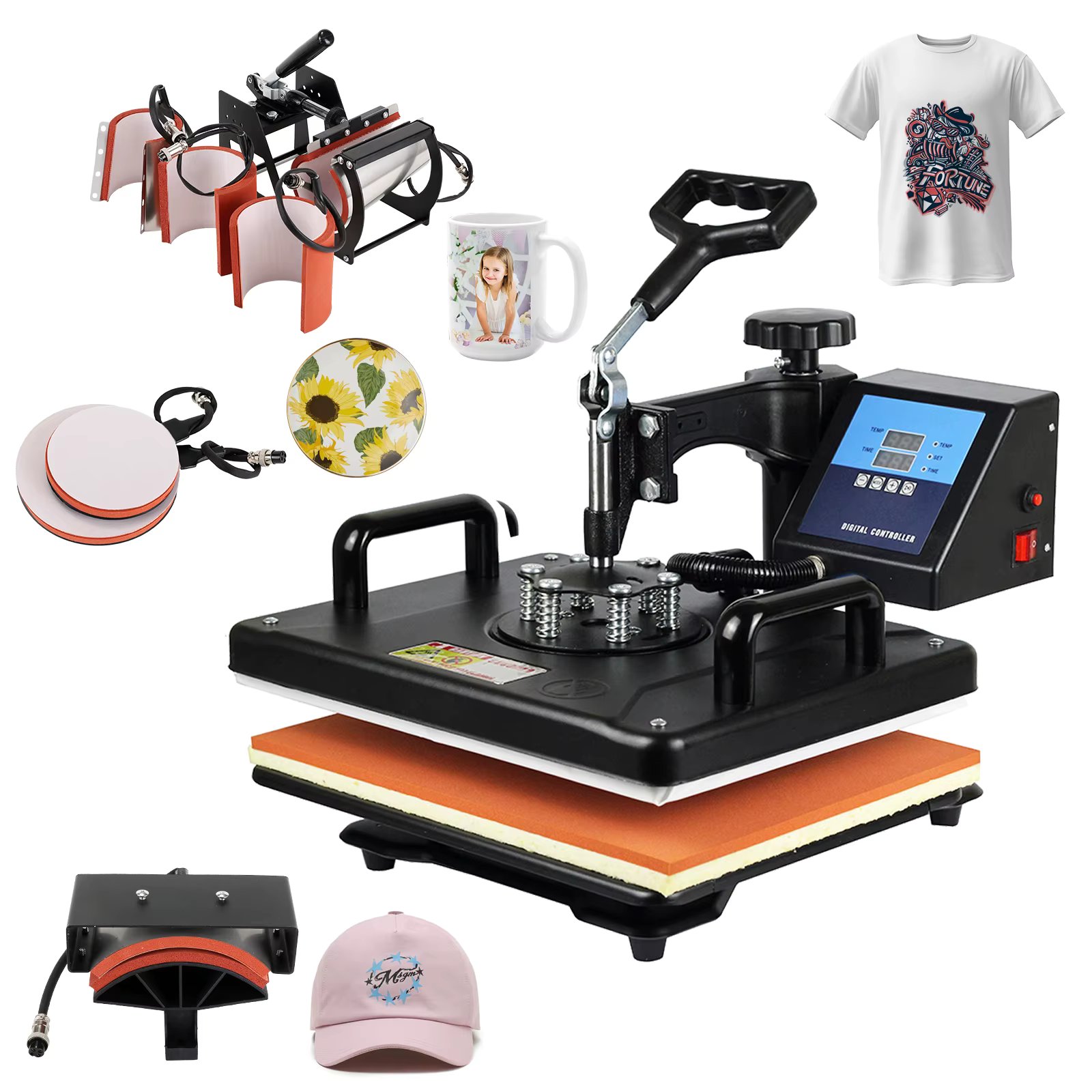 Cheap 30*38CM 8 in 1 Combo Heat press Machine Sublimation Printer 2D Heat Transfer Machine for Cap Mug Plate Tshirts CE Approved