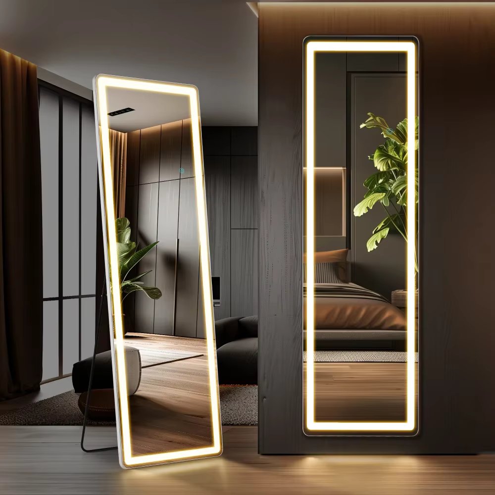 3 Color Lighting Mirror with LED Lights, 60"x16" Lighted Floor Standing Mirror with Stand