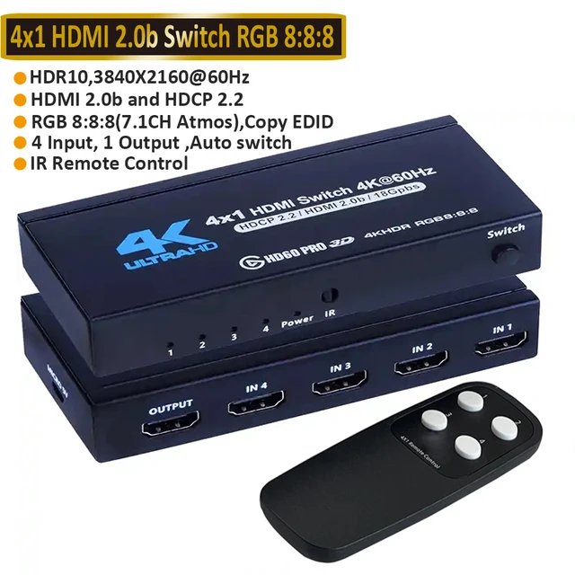 7 Port HDMI Switch 2.0 4K@60Hz 7x1 HDMI 2.0 Switcher With IR Remote Audio Video Converter 7 in 1 out Support HDR & HDCP 2.2 DC5V