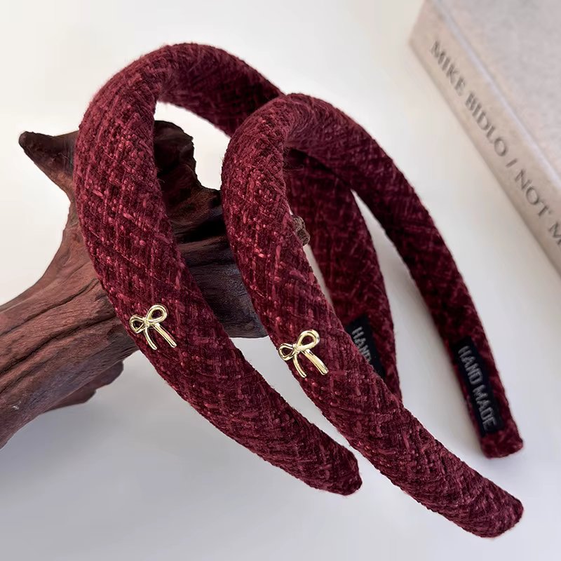Red Plush Gold Bow Knitting Headband For Woman Retro Elegant Hair Hoop Female Christmas and New Year Hair Band Trend Accessories