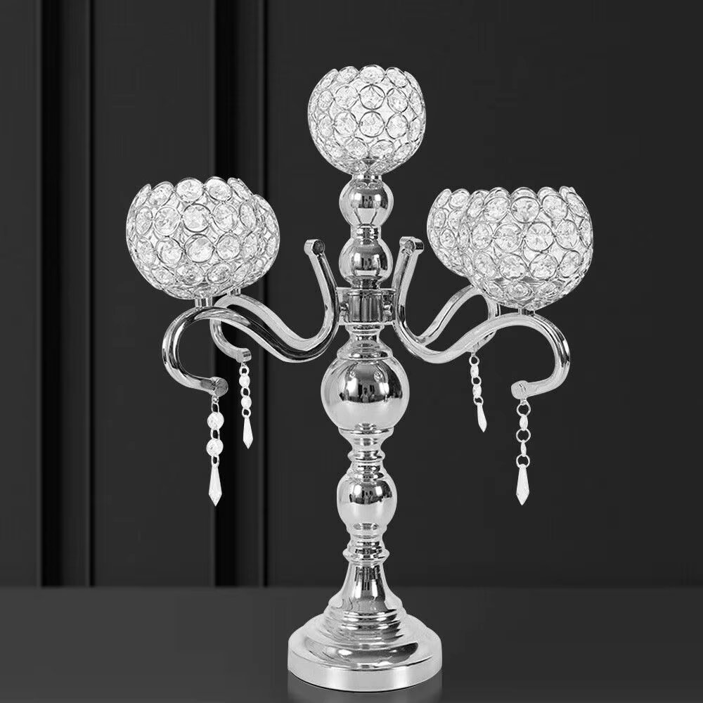 Elegant Silver Crystal 5-Arm Candelabra Holder Wedding Table Centerpieces Decor