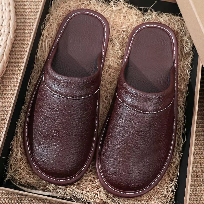 Waterproof faux leather slippers men's winter indoor fur shoes slippers male bedroom mules shoes mans sleepers plus size 47 48
