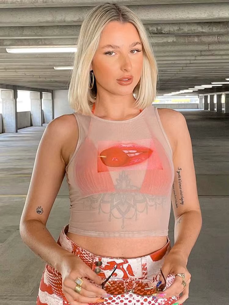Y2k Sleeveless Sexy O-Neck Cute Tops For Women Clothes Short Silm Perspective Sexy Tanks Streetwear Camis Casual Prints Mujer
