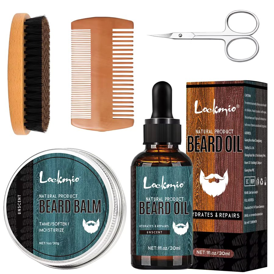 5pcs/set Beard Oil Balm for Men Beards Moisturizing Care Essential Oil for Promote Healthy Beards Growth Beard Styling Tool Kit