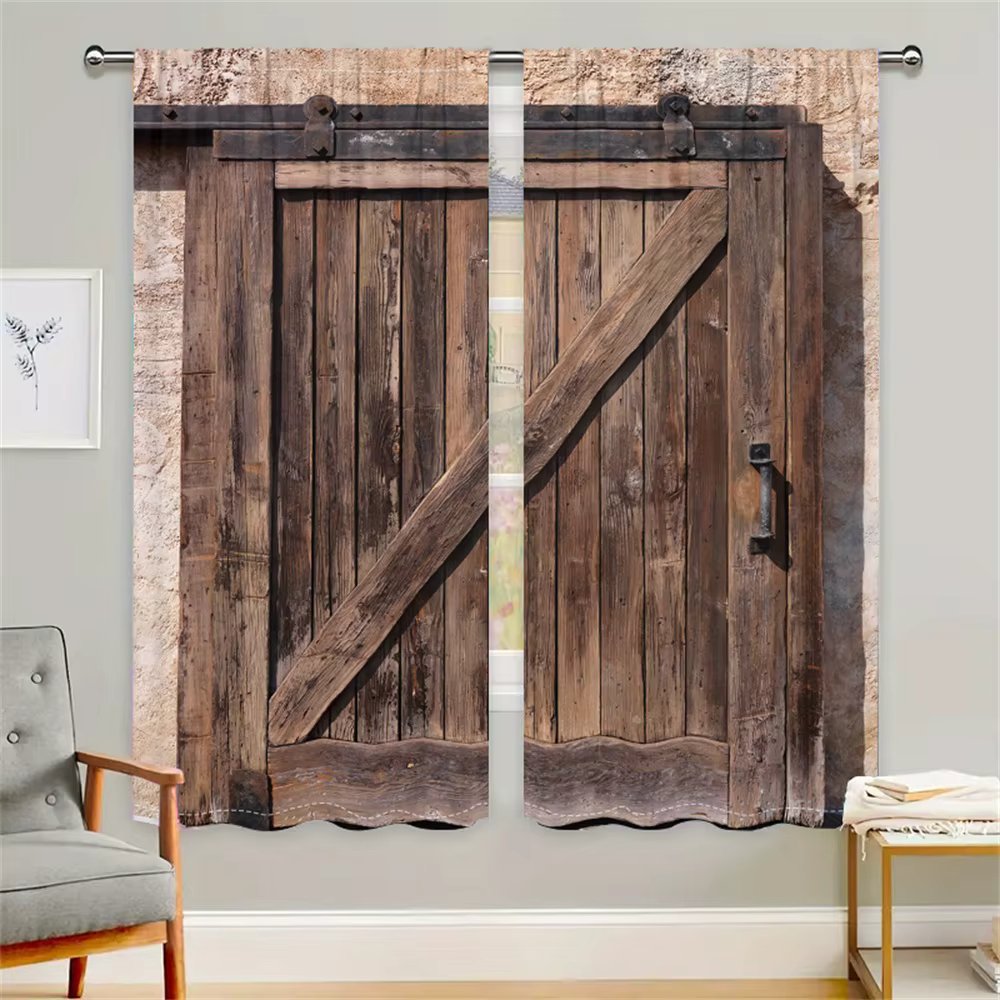 2Pcs Vintage Barn Door Curtains Rustic Wood Grain Print Drapes Living Room Bedroom Decor Curtains Farmhouse Style Curtains