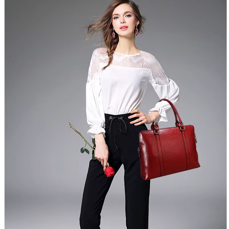 Oyixinger New 100% Genuine Leather Briefcase For Woman 14 inch Laptop Bag Women's Handbags Office Ladies Shoulder Messenger Bags
