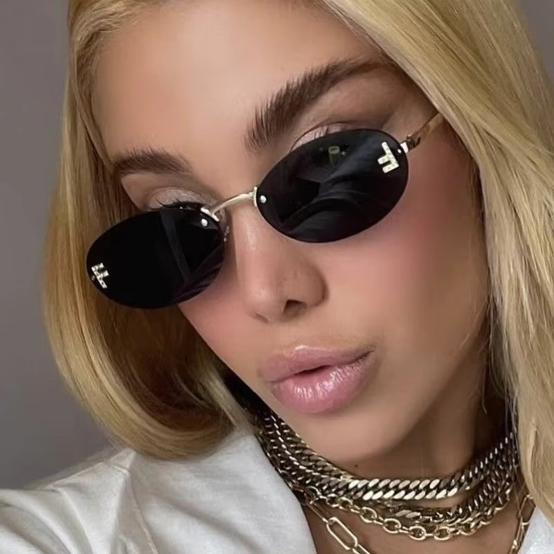 Elegant Diamond Oval Sunglasses Male Letter "F" Rimless Sunglasses Female