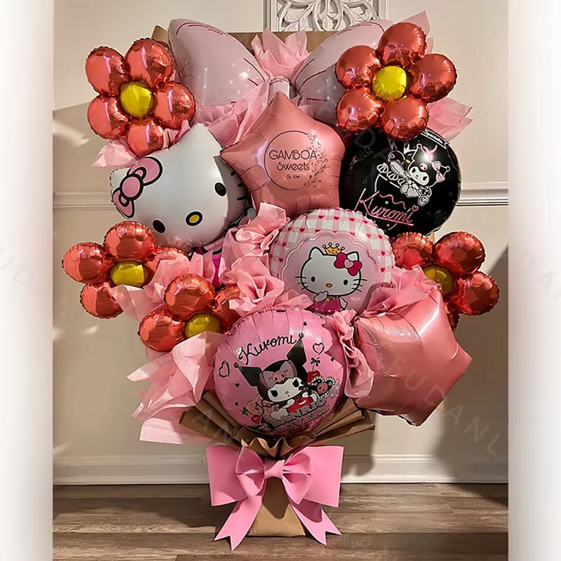 13pcs/1set Hello Kitty Pink Bow Tie Foil Balloon Set Girl First Birthday 32inch Gradient Number Helium Globos Baby Shower Supply