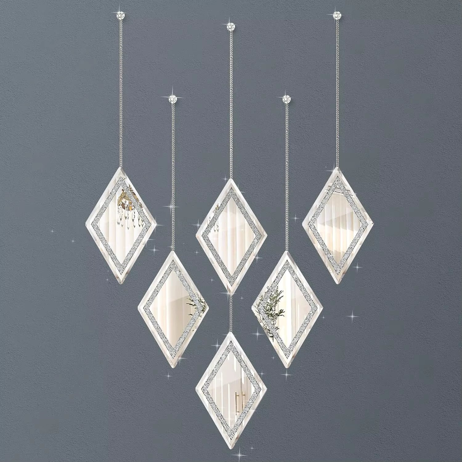 Diamond Decorative Wall Mirror, Set of 6, Wall Mounted Hanging Chain Frameless Crushed Mirror for Home Decor Living Room(Silver)