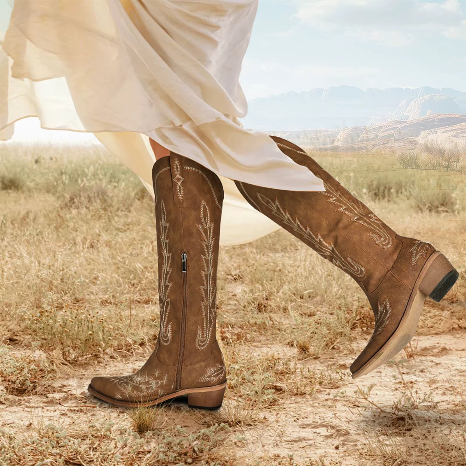 Cowboy Boots for Women - Knee High Embroidered Western Cowgirl Boots, Pointed Toe Chunky Heel Retro Country Boots, Brown