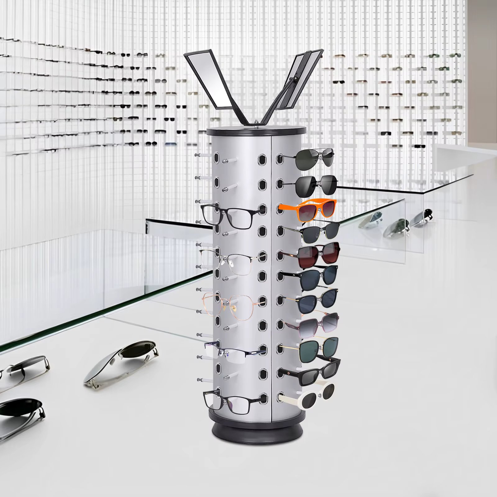 44 Pairs Rotating Sunglasses Eyewear Holder Display Stand with Mirror, Eyewear Collection, Sunglasses Holder