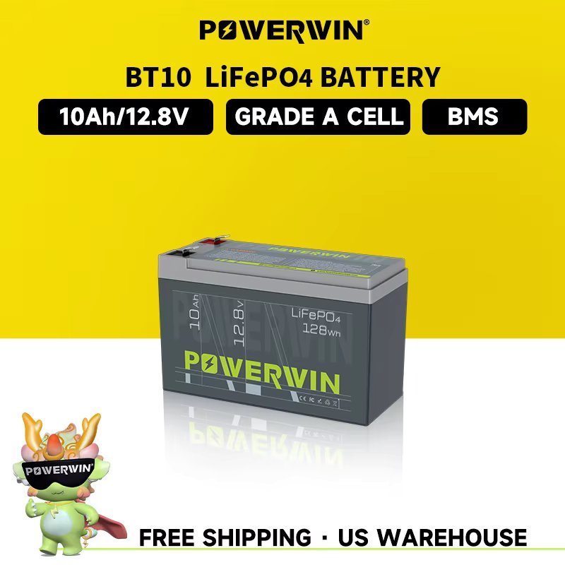 POWERWIN BT10 12.8V 10Ah LiFePO4 Battery 128Wh 4000+ Deep Cycle Built-in BMS Rechargeable UPS Off-grid Solar Energy Electric Toy