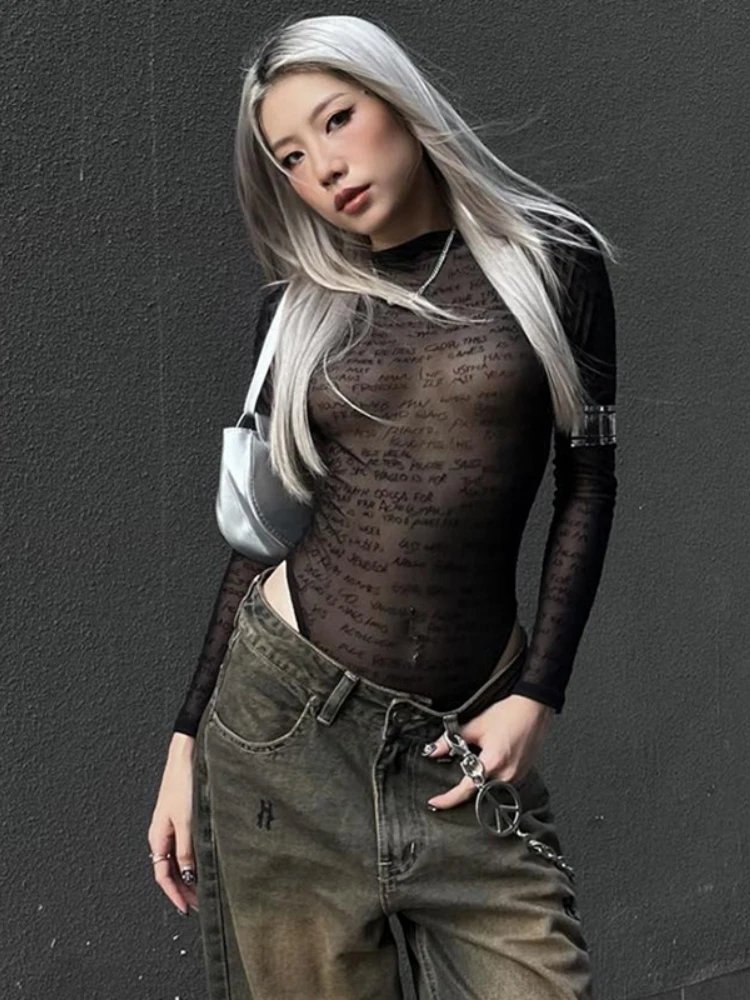 Letter Printing Lingerie Sexy Tops Women One-Pieces Bodysuit See Through Bustier Long Sleeve Lenceria Tranparente Body Feminino