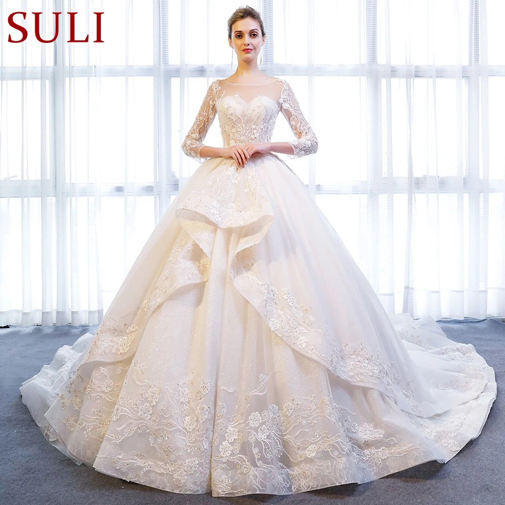 SL-172 Customized New arrived Crystal Long Sleeve Bridal Ball Gown Wedding Dress 2018
