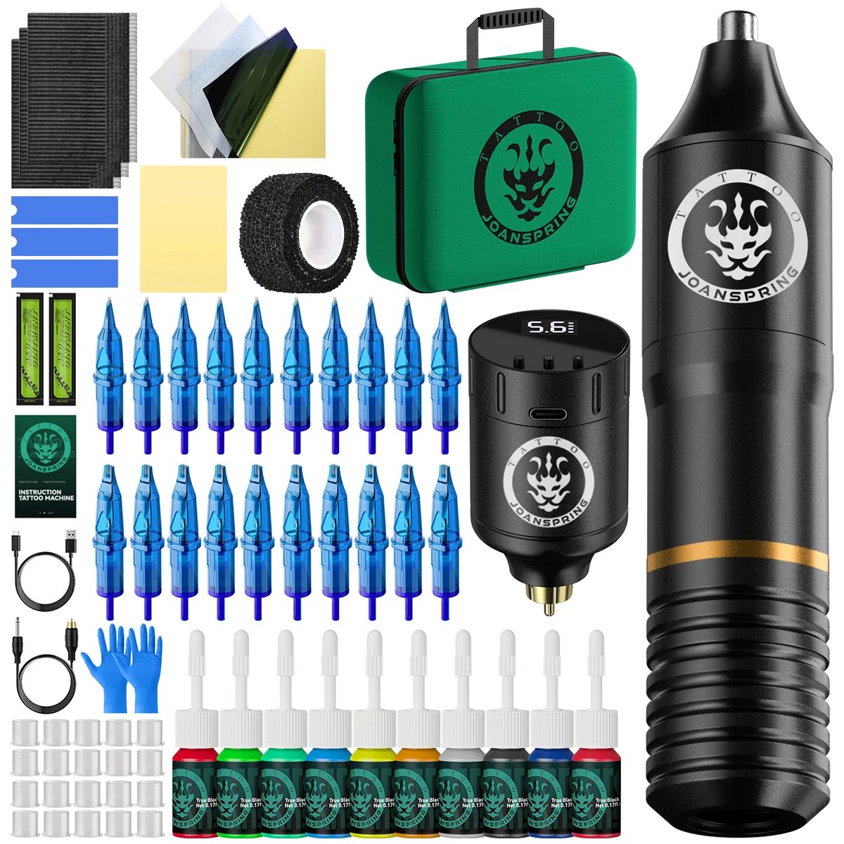 JOANSPRING Tattoo Machine Kit Wireless 1350mAH Battery Rotary Tattoo Machine Pen Set With 5ml Tattoo Pigments Cartridge Needles