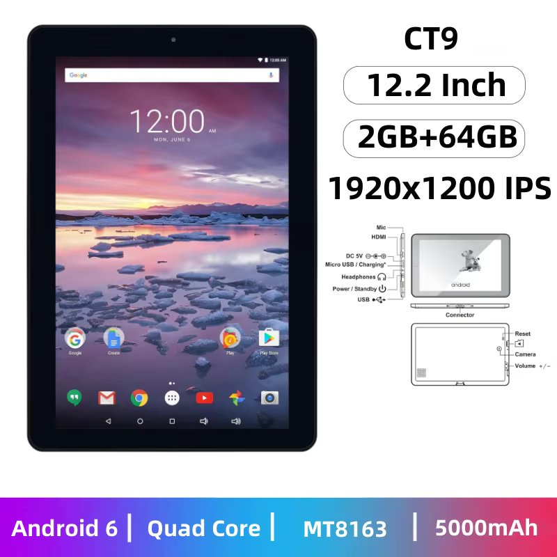 12.2" 2GB RAM 64GB ROM Android 6.0 Tablet PC 1920x1200 IPS MT8163 Quad Core Dual Camera 5000mAh Battery Mini HDMI