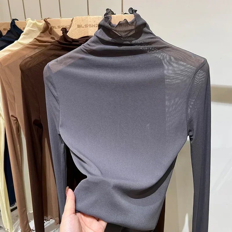 Women High Collar Mesh Perspective Blouse Summer Thin See Through Slim Bottoming Lace Long Flare Sleeved Tops