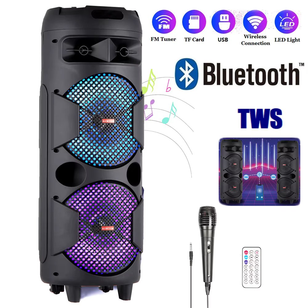 4000W Portable Bluetooth Speaker Dual 6.5" Woofer Sound System Party DJ With Microphone Remote Led Light TWS