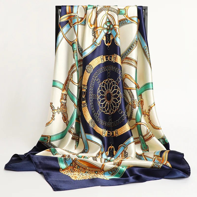 Handkerchiefs Hair Silk Scarf 90*90cm Print Satin Big Square Silk Scarves Shawls for Women Luxury Brand Designer Hijab Headband