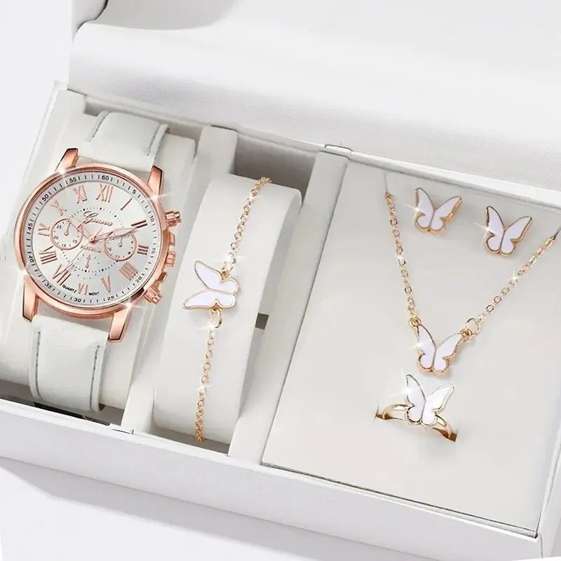 6PCS Fashion Women Watches Ladies Business White Leather Quartz Watch Womens Butterfly Necklace Earrings Bracelet Wristwatch